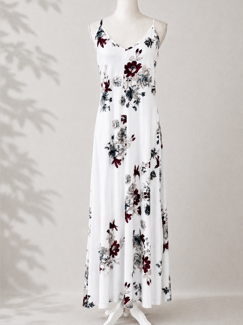 NWT Noracora Floral Maxi Dress Adjustable Straps White Burgundy Gray Medium